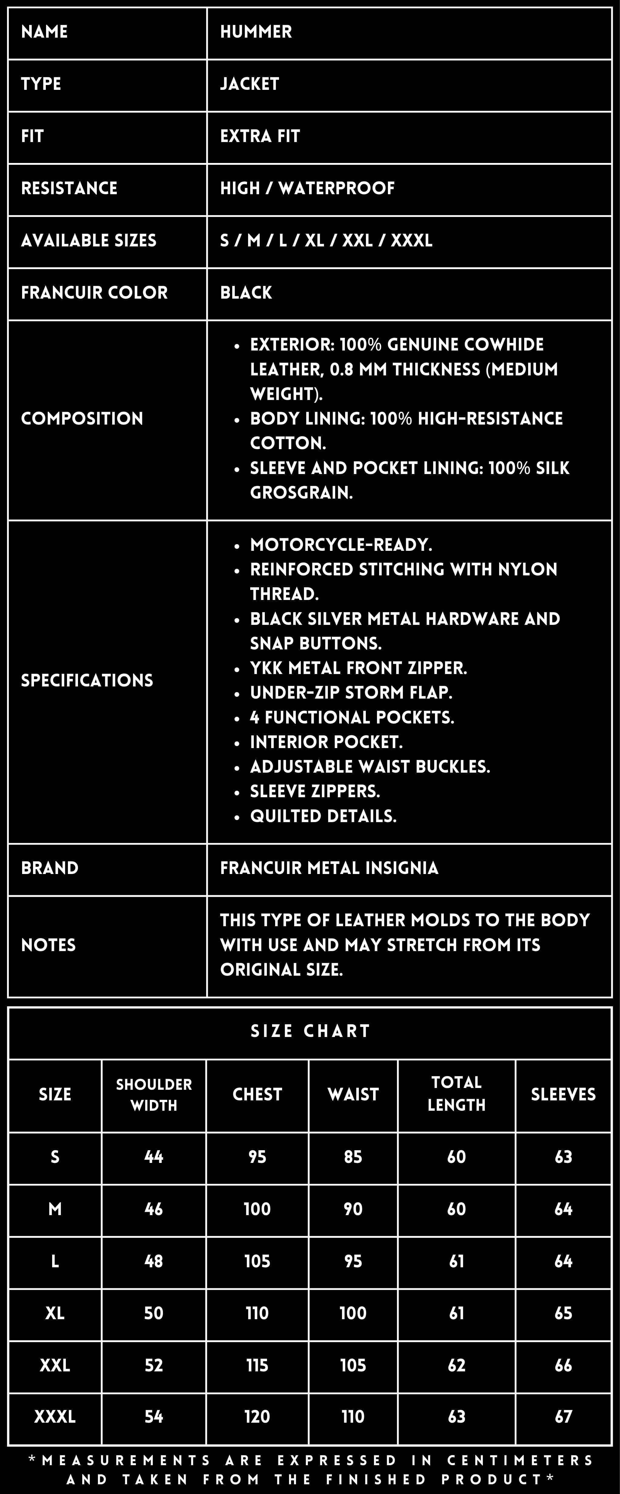 TECHNICAL SPECIFICATIONS_LEATHER JACKET_HUMMER BLACK_FRANCUIR